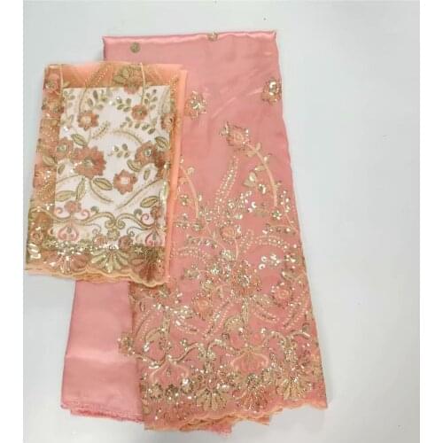 PINK African George Lace Fabric with Sequins and 2 Yards French Net Lace for Party Dress High Quality African George Fabric 2018