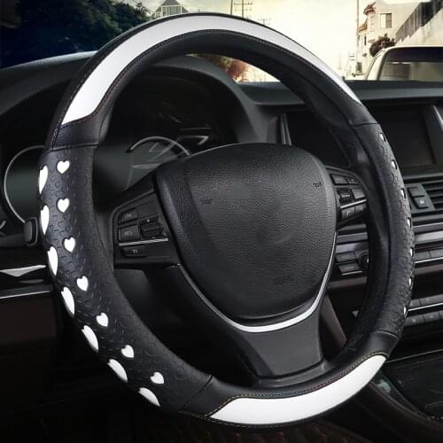 38CM Universal Fit Rubber Auto Car Steering Wheel Cover Carbon Fiber Microfiber Leather Heart-shaped Car Interior Accessories