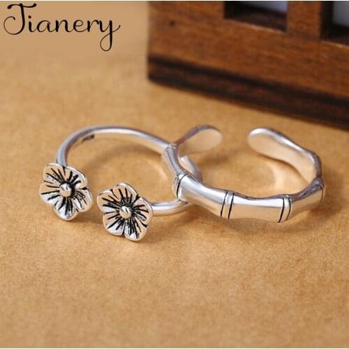 Vintage Fashion Couple Rings Plum Flower Bamboo Opening Rings Thai Silver Color Jewelry anillos