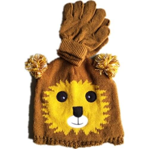 Cartoon Animals King of the forest Lion Knitting Cotton Beanies Cap Plush Winter Warm Cute Lion Tiger Baby Kid Hat with gloves