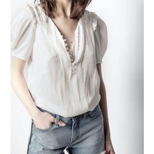 Short Sleeve Blouse Womens V-neck Single Breasted White Viscose Shirt 2021 Summer