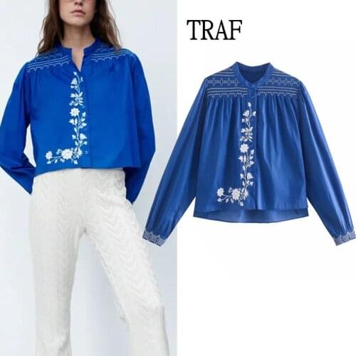 TRAF Za 2021 Embroidery Womens Shirt Spring Autumn Loose Long Sleeve Cotton Shirts Vintage Clothing Button Up Shirt Elegant Top