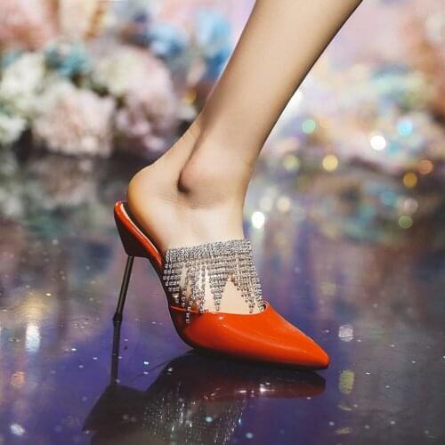 Womens Pointed Toe Rhinestones Crystal Tassels Stilettos High Heel Slippers Shoes Mules Slingbacks Sexy Patent Leather Plus SZ