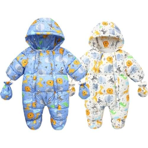 Winter Dinosaur Cotton Baby Girl Romper With Gloves Newborn Boy Coat Clothes Hooded Plus Velvet Thick Infant Clothing Set 0-24M
