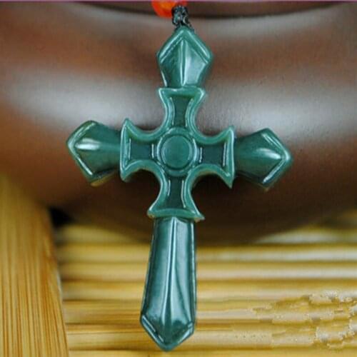 100% Natural Dark Green HETIAN Nephrite Pendant Carved Jesus Cross pendant Necklace Lucky Amulet Men Womens Jades Jewelry