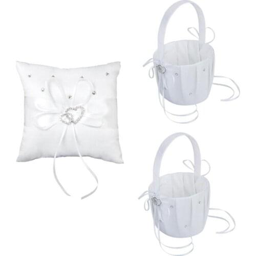 2 pcs White Flower Girl Basket Crystal Rhinestones Decor and 1 pcs