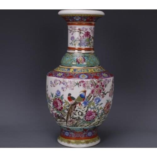 Antique vase with enamel, flowers and birds in Qianlong period of Qing Dynasty