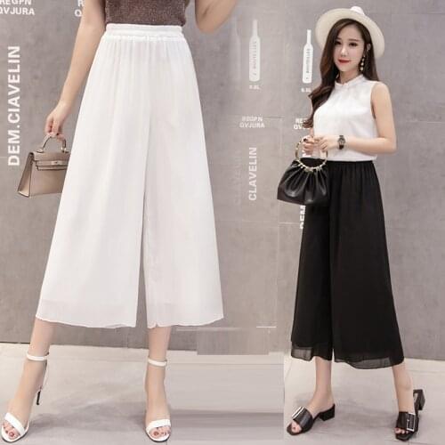 Black White Palazzo Pants Women Summer Boho Pants Elastic High Waist Casual Loose Chiffon Trousers