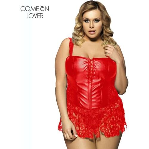 Comeonlover Red Black Lace Latex Womens Underwear Straps See Through Plus Size Lingerie AT2227 6XL Faux Leather Corset Steampunk
