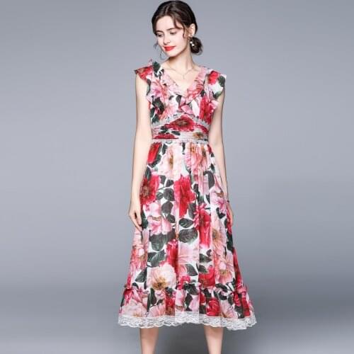 Menahem 2021 Summer Women Ruffled Sleeveless V Neck Chiffon Dress High Waist Lace Trims Floral Print Beach Midi Dresses Vestidos