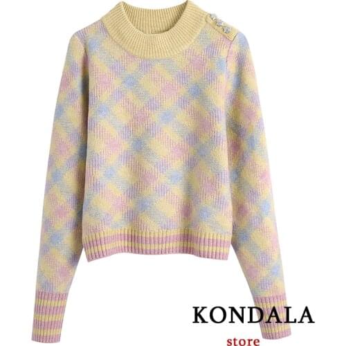 KONDALA Za Fashion 2021 Women Sweaters Rainbow Color Turtleneck Loose Pullovers Girls Sweet Sweaters Crystal Appliques Chic Tops