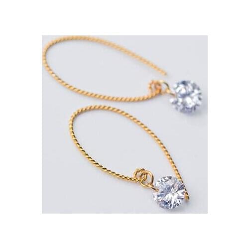 Very Thin) 1pair 100% Real. 925 Sterling Silver Fine Jewelry Yellow Gold Twisted with CZ round stone ear Long earrings GTLE1726