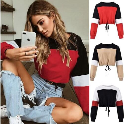 Autumn Fashion Patchwork Color Sweatshirts Women Long Sleeve Sweatshirt Drawstring Hoodies Tops Blouse Crop Pullover