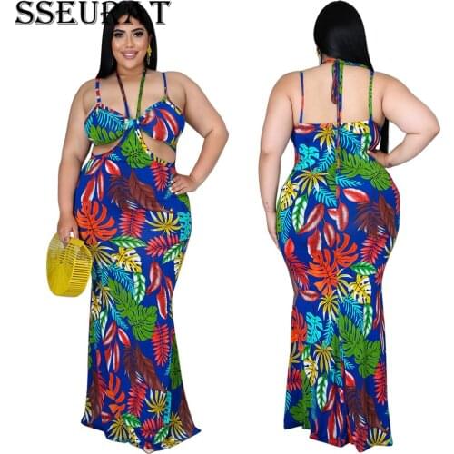SSEURAT Plus Size Print Halter Neck Womens Long Dress Sexy Night Party Open Back Sleeveless Bodycon Dresses