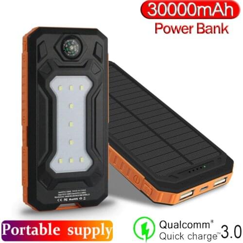 30000mAh Portable Fast Charger Solar Power Bank with Solar Panel LED Light 2USB Ports Power Bank for Xiaomi Samsung Iphone