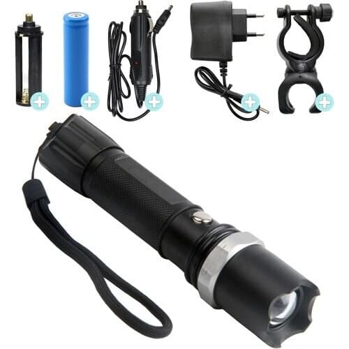 Swat Km110 Professional Rechargeable Flashlight with Led + Flashlight + Zoom Feature + Rifle Attachment 6 Pieces Full Set Camp