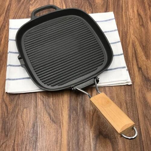Grill Pan Non-stick Stripe Frying Pan for Stove Top Universal with Wooden Folding Handles Home Kitchen Cooker Supplies Tool