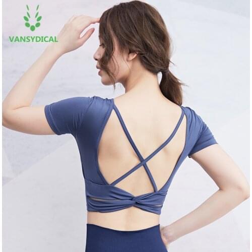Vansydical Sexy Yoga Tops Cross Back Running Shirt Padded Sports T-shirt Women Gym Crop Top Fitness Shirt Sujetador Deportivo