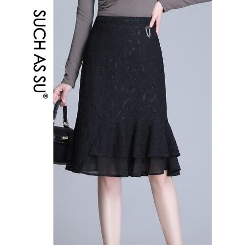 New Spring Summer Lace Skirts Women 2021 Black High Waist Knee-Length Mermaid Skirt S-3XL Plus Size Ruffle Skirt Female 21101