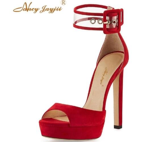 2021 Summer Women Red Suede Open Toe Sexy High Heels Sandals Evening Dress Wedding Shoes Woman Transparent Buckle size 10
