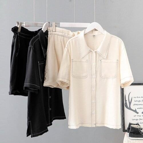 New Summer Black White Chiffon Loose Chiffon Shirt Office Women Shorts Suits And Plus Size Elastic Waist Shorts Skirts Set
