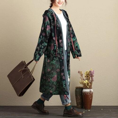 Baggy Hooded Trench Women Printed plus size Boho Windbreaker Oversized Knitted cowboy Long Coat Long denim outerwear