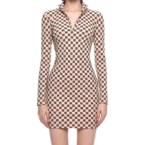 Slim Dress Stretch Letter Printing High Neck Zipper Sexy Monogram Top Clothing High Streetwear Fashion Letter Skinny Women Dress