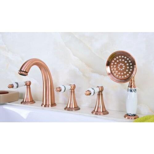 Antique Red Copper Brass Deck 5 Holes Bathtub Mixer Faucet Handheld Shower Widespread Bathroom Faucet Set Basin Water Tap atf207
