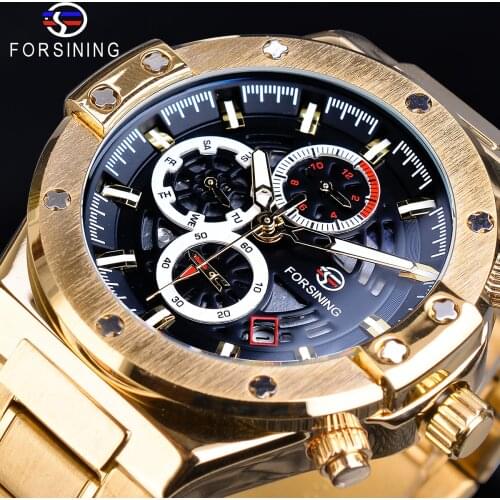 Forsining Golden Mens Mechanical Watch Racing Car Design Automatic 3 Sub Dial Date Steel Belts Military Sports Wristwatch Clock