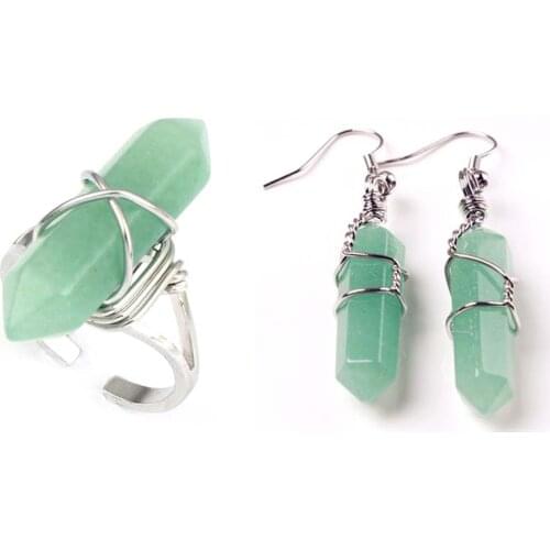KFT Natural Healing Crystal Quartz Stones Hexagon Column Resizable Stone Ring Green Aventurine Earrings Fashion Jewelry Sets