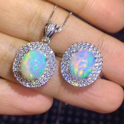 Fashion round Sun flower Natural Multicolor opal S925 silver ring Pendant natural gemstone Jewelry Set girl party gift jewelry