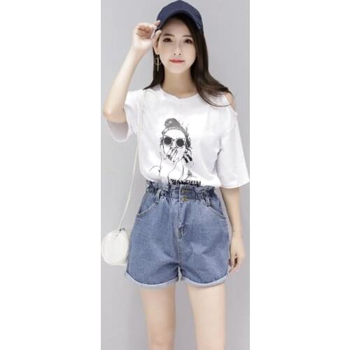 Summer Fashion Two Piece Set Top and Denim Short Pants Womens Costumes Casual Female Suit Print T-Shirts LWL447