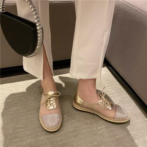 2021spring New Fashion Straw Rhinestone Shoes Womens Flat Casual Fisherman Shoes