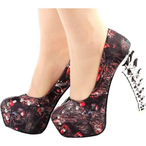 LF80652 Show Story Lonely Wolf Stud Zipper Platform Silver Bone Heel Club Pumps