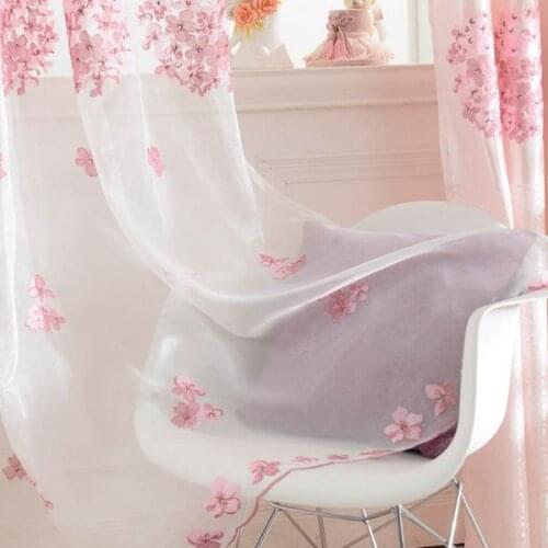 Embroidery Flower Sheer Tulle Prink Sweet Curtains For Living Room Window Screening Eyelets Sheer Voile Curtain Cortinas Rideaux