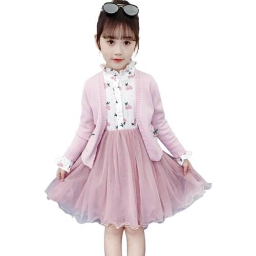 Clothes For Girls Cherry Dress + Sweater Childrens Clothes For Girls Mesh Girl Set Spring Autumn Childrens Costume