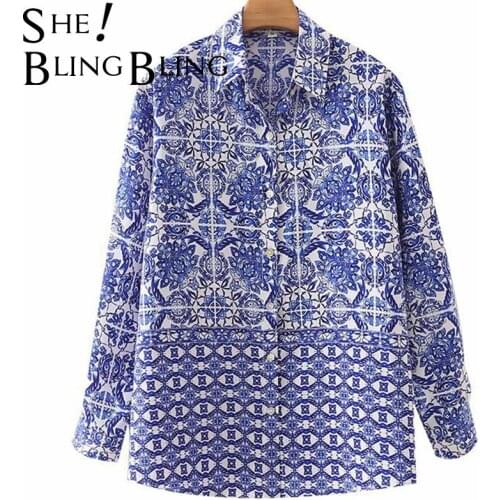 SheBlingBling Za Woman 2021 Porcelain Print Summer Long Sleeve Casual Loose Shirt Female Blouses Turn Down Collar Beach Tops