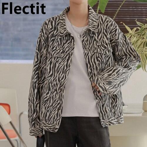 Flectit Zebra Denim Jacket For Women Vintage Long Sleeve Turn-down Collar Single Breasted Oversize Jean Jacket Coat Ladies