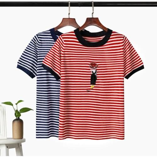 2021 Summer Women Striped T Shirt Bright Silk O Neck Short Sleeve Knitted Tops with Embroidery INS Style Casual Loose Tees