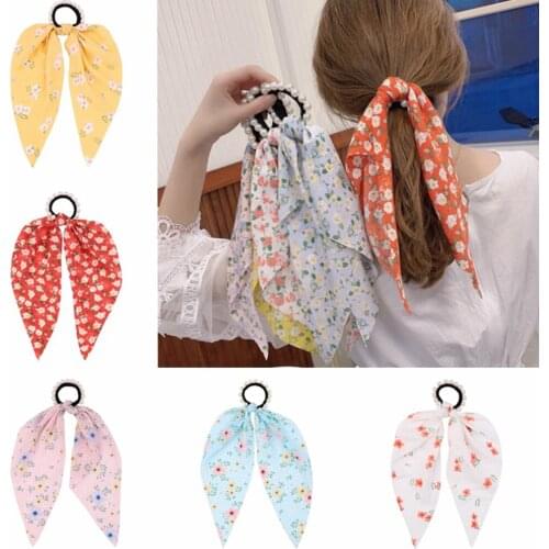 New Women Elegant Print Bohemian Ribbon Pearls Scrunchie Sweet Ponytail Holder Elastic Hair Bands Rope Headwear Hair Accessories
