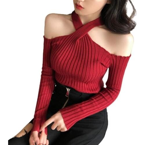 Women Sexy Shirts Autumn Long Sleeve Cold Shoulder Halter Ribbed Tops Female Elegant Solid Knitwear Casual Slim Blouse 5 Colors