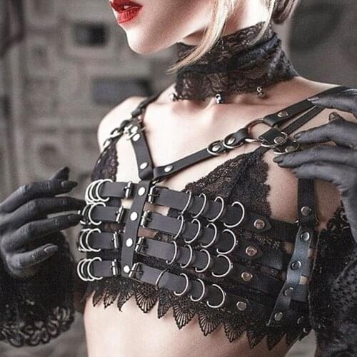 Goth Punk Black Leather Bra Harness Metal Chain Crop Tops Hollow Out Party Cosplay Clothing Halloween Adjust Straps Bra Women