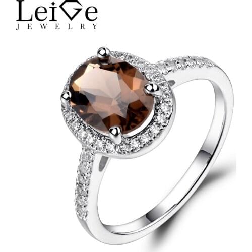 Leige Jewelry Oval Shaped Smoky Quartz Ring 925 Sterling Silver Wedding Engagement Halo Rings for Women Oval Gemstone Jewelry