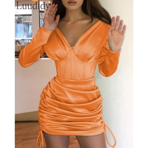 Women V-Neck Orange Long Sleeve Ruched Drawstring Bodycon Dress