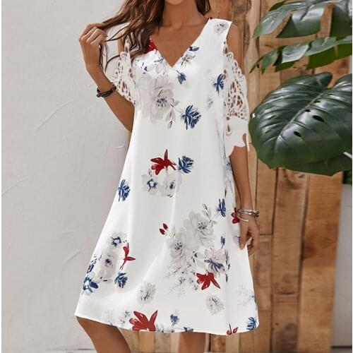 Cold Shoulder Dress Women Bohemian Flower Print A-line White Dress Lace Stitching Half Sleeve Woman V Neck Party Dresses Robes