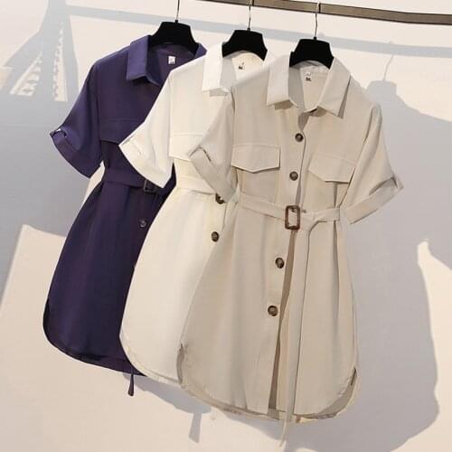 SURUFENG Womens Safari Style Dresses Solid Color Turn Down Collar Single Breasted Pockets Ladies Mini Dress with Belt M-4XL