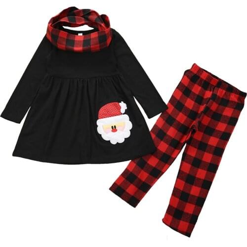 2020 XMas 1-6Y Kids Baby Girl Clothing Santas Long Sleeve Black Dress Top+Plaid Long Pants+Scarf 3pcs Festival Clothing Set
