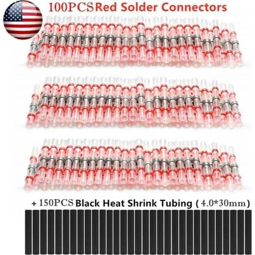 250PCS Waterproof Solder Seal Sleeve Splice Terminals Heat Shrink Electrical Wire Butt Connectors Shrinkable Tube Red Black Kit