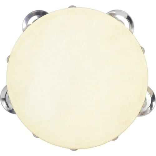 6 inches Wood Handheld Sheepskin Tambourine Music Double Row Hand Tambourine Party Instruments for Kids Adults