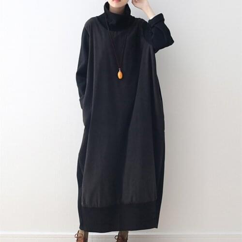 Free Shipping 2019 New Fashion Plus Size Loose Long Mid-calf Cotton One-piece Dress Winter Thick Fleece High Quality Turtleneck
